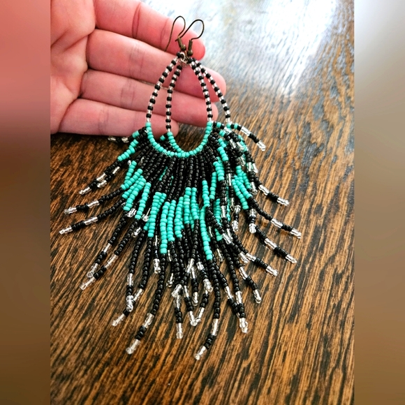 Hand Crafted Jewelry - Teal - Black - Clear Fringe Earrings!